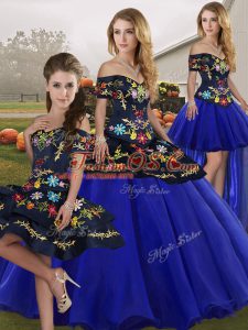 Delicate Floor Length Royal Blue Quinceanera Dresses Off The Shoulder Sleeveless Lace Up