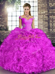 Discount Organza Off The Shoulder Sleeveless Lace Up Beading and Ruffles Quinceanera Gowns in Lilac