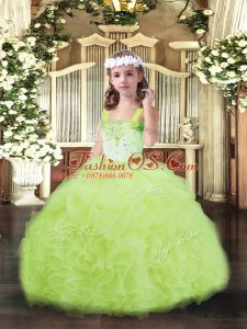Yellow Green Child Pageant Dress Party and Sweet 16 and Wedding Party with Beading and Ruffles and Pick Ups Straps Sleeveless Lace Up