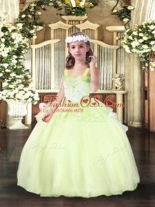 High Quality Yellow Green Straps Neckline Beading Little Girls Pageant Dress Sleeveless Lace Up