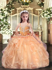 Fashion Peach Sleeveless Beading and Ruffles Floor Length Little Girls Pageant Gowns