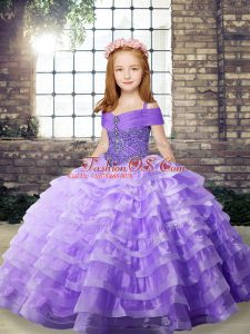 Trendy Sleeveless Beading and Ruffled Layers Lace Up Little Girls Pageant Gowns with Lavender Brush Train