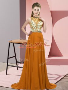 Stylish Chiffon Halter Top Sleeveless Brush Train Backless Beading Runway Inspired Dress in Brown