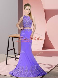 Sleeveless Beading and Appliques Zipper with Lavender Sweep Train