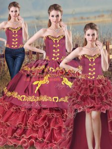 Satin and Organza Sleeveless Quinceanera Dresses Brush Train and Embroidery and Ruffles