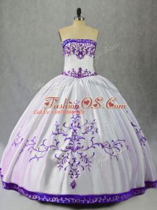 White And Purple Ball Gowns Scoop Sleeveless Satin Floor Length Lace Up Embroidery Ball Gown Prom Dress