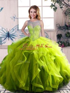 Flirting Floor Length Lace Up Sweet 16 Dress Olive Green for Sweet 16 and Quinceanera with Beading and Ruffles