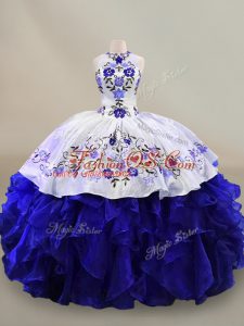 Dazzling Floor Length Blue And White Sweet 16 Dress Halter Top Sleeveless Lace Up
