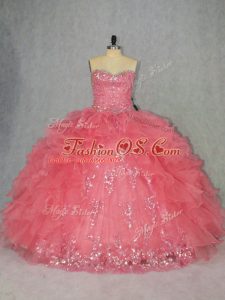 Watermelon Red Sleeveless Beading and Ruffles Floor Length 15th Birthday Dress