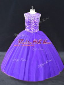 Comfortable Purple Tulle Lace Up Quinceanera Dress Sleeveless Floor Length Beading
