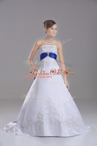 Noble Strapless Sleeveless Brush Train Lace Up Wedding Dresses White Satin