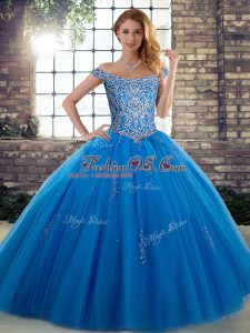 Spectacular Ball Gowns Quince Ball Gowns Blue Off The Shoulder Tulle Sleeveless Floor Length Lace Up