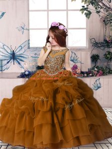 Adorable Ball Gowns Kids Pageant Dress Brown Scoop Organza Sleeveless Floor Length Zipper