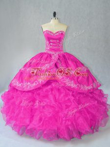 Sweetheart Sleeveless Quinceanera Dresses Floor Length Embroidery and Ruffles Fuchsia Organza
