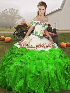 Cheap Green Organza Lace Up Off The Shoulder Sleeveless Floor Length 15th Birthday Dress Embroidery and Ruffles