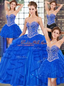 Ideal Royal Blue Lace Up Ball Gown Prom Dress Beading and Ruffles Sleeveless Floor Length