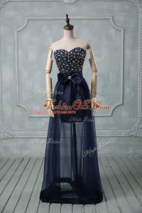 Romantic Tulle Sweetheart Sleeveless Lace Up Beading and Bowknot Prom Party Dress in Navy Blue