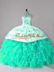 Embroidery and Ruffles 15th Birthday Dress Turquoise Lace Up Sleeveless Court Train