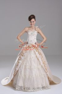 Amazing Champagne Lace Up Ball Gown Prom Dress Embroidery and Hand Made Flower Sleeveless Brush Train