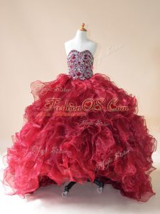Trendy Wine Red Sleeveless Beading and Ruffles Lace Up Girls Pageant Dresses