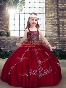 Wine Red Straps Lace Up Beading Kids Pageant Dress Sleeveless