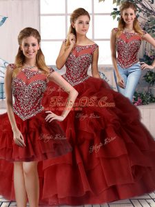 Sleeveless Beading and Pick Ups Zipper Quince Ball Gowns with Wine Red Brush Train