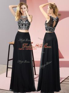 Vintage Scoop Sleeveless Backless Prom Gown Black Chiffon