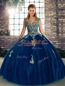 Royal Blue Tulle Lace Up Straps Sleeveless Floor Length 15 Quinceanera Dress Beading and Appliques