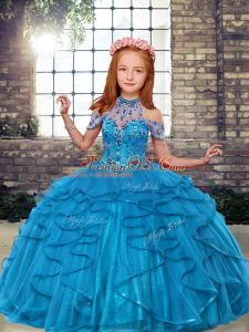 High Class Teal High-neck Lace Up Beading and Ruffles Little Girls Pageant Dress Sleeveless