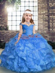 Sleeveless Organza Floor Length Lace Up Pageant Gowns For Girls in Blue with Beading and Ruffles and Ruching