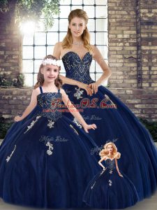 New Style Sleeveless Tulle Floor Length Lace Up 15 Quinceanera Dress in Navy Blue with Beading and Appliques
