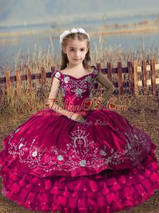High Quality Fuchsia Ball Gowns Satin and Organza Off The Shoulder Sleeveless Embroidery and Ruffled Layers Floor Length Lace Up Little Girls Pageant Dress Wholesale