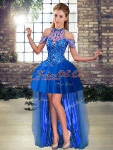 High Low Lace Up Evening Dress Royal Blue for Prom and Party with Beading