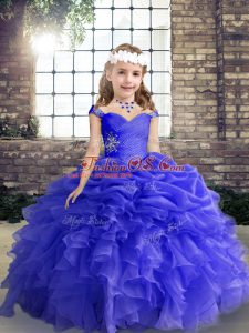 Floor Length Blue Little Girls Pageant Dress Straps Sleeveless Lace Up