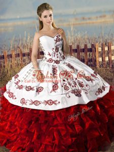 Beautiful Ball Gowns Quince Ball Gowns White And Red Sweetheart Organza Sleeveless Floor Length Lace Up