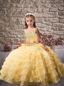 Beading and Ruffled Layers Little Girls Pageant Dress Gold Lace Up Sleeveless Brush Train