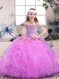 Gorgeous Lilac Tulle Lace Up Straps Sleeveless Floor Length Little Girls Pageant Gowns Beading