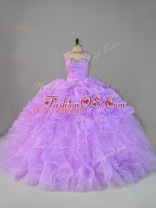 Great Lavender Scoop Neckline Beading and Ruffles Quinceanera Dress Sleeveless Lace Up