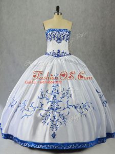 Strapless Sleeveless Lace Up Quinceanera Gowns Blue And White Satin