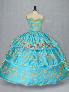 Baby Blue Satin and Organza Lace Up Sweet 16 Quinceanera Dress Sleeveless Floor Length Embroidery and Ruffled Layers