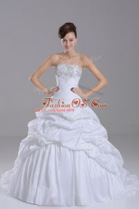 Fashion White Wedding Dresses Taffeta Brush Train Sleeveless Beading and Pick Ups