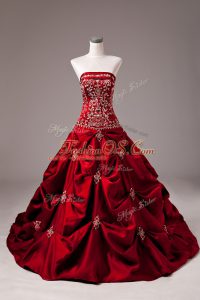 Elegant Wine Red Strapless Neckline Beading and Embroidery Wedding Gowns Sleeveless Lace Up