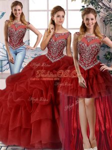 Best Selling Sleeveless Beading and Pick Ups Zipper Sweet 16 Dresses with Wine Red Brush Train