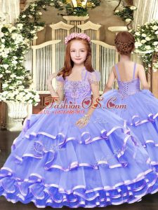 Eye-catching Lavender Kids Formal Wear For with Beading and Ruffled Layers Straps Sleeveless Lace Up