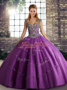 Artistic Purple Ball Gowns Straps Sleeveless Tulle Floor Length Lace Up Beading and Appliques Quinceanera Gown