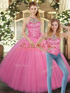 Rose Pink Ball Gowns Tulle Halter Top Sleeveless Embroidery Floor Length Lace Up Ball Gown Prom Dress