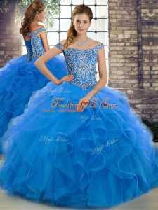 Blue Lace Up Sweet 16 Dresses Beading and Ruffles Sleeveless Brush Train
