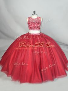 Scoop Sleeveless 15th Birthday Dress Floor Length Beading and Appliques Red Tulle