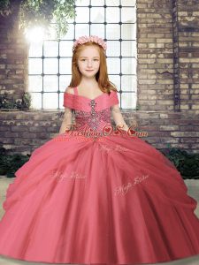 Best Watermelon Red Sleeveless Tulle Lace Up Little Girl Pageant Dress for Party and Sweet 16 and Wedding Party