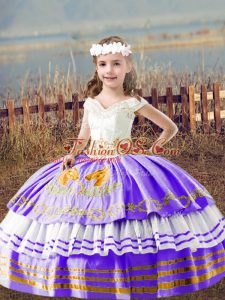 Lavender Ball Gowns Off The Shoulder Sleeveless Satin Floor Length Lace Up Embroidery High School Pageant Dress